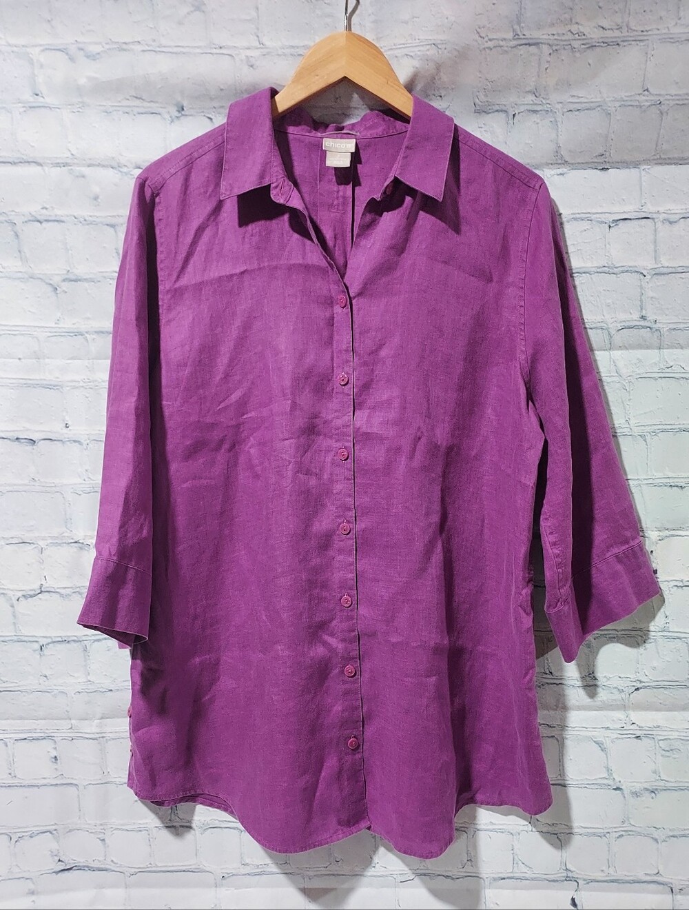 Chico's Purple Linen Button Up Top Blouse Size 2  US 12/14 Slight Wash Wear
